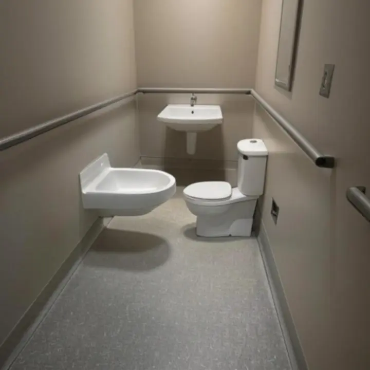 Akadálymentes mosdó kapaszkodókkal és hozzáférhető szaniterekkel