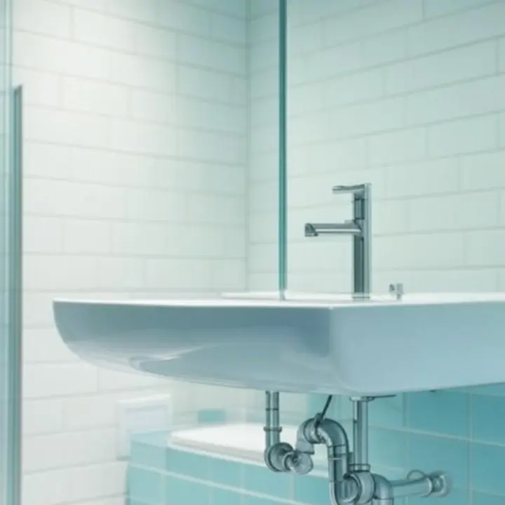 Modern fürdőszoba idomszerelvényekkel kialakított víz- és lefolyórendszerrel