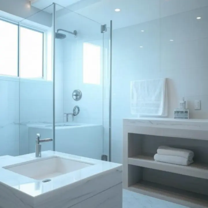 Modern, letisztult, világos fürdőszoba magas minőségű vízszerelvényekkel