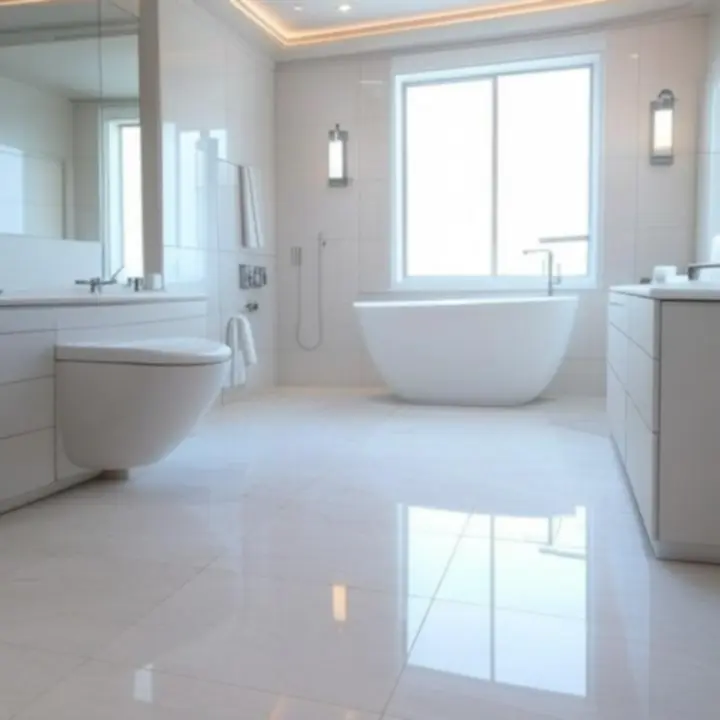 Modern, letisztult fürdőszobai szerelés, beépített szaniterekkel és csaptelepekkel