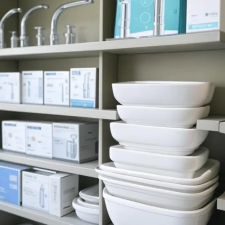 Újonnan érkezett szaniter és víztechnikai termékek polcon elrendezve