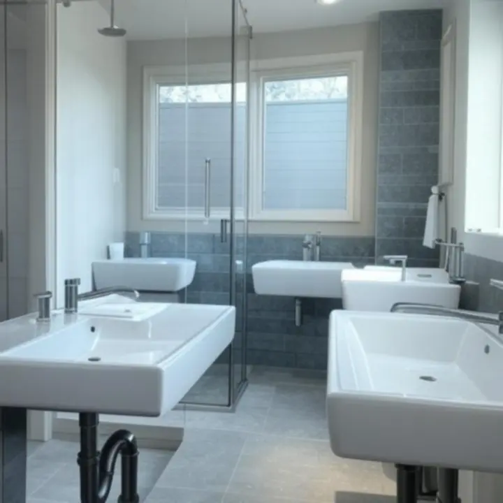 Modern, letisztult fürdőszoba enteriőr csaptelepekkel és zuhanyzóval